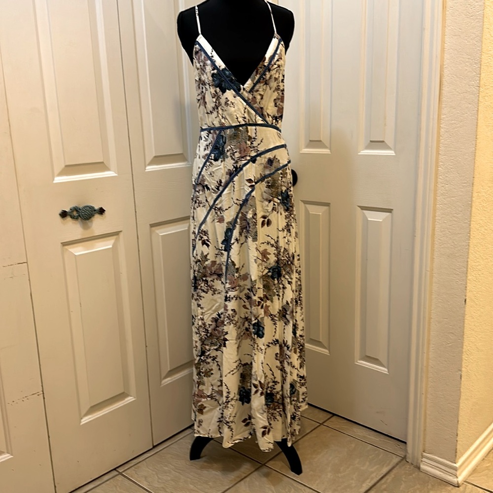 Blue floral Maxi dress halter v neck lace trim bias cut slip boho festival L
